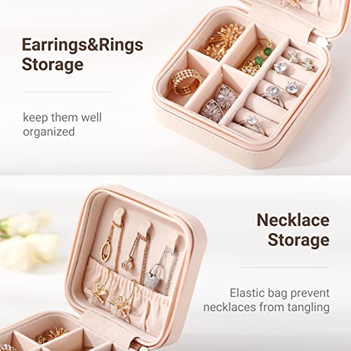 CASEGRACE Travel Jewelry Case, Small Jewelry Box Portable Jewelry Travel Organizer Display Storage Case for Rings Earring Necklace Bracelet, Gift for Women Girls, Pink