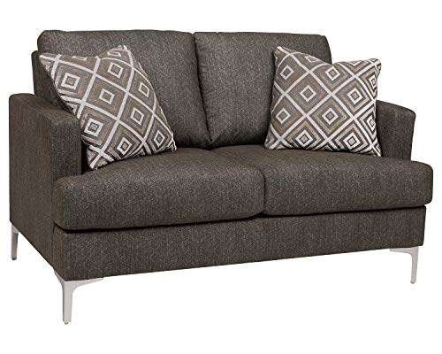 Signature Design by Ashley Arcola Modern Loveseat with Chrome Legs & Accent Pillows, Dark Gray