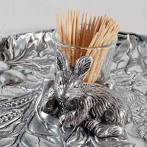 Arthur Court Aluminum Metal Rabbit Bunny Pattern Tidbit Cheese Hors d'oeuvres Tray with Glass for Toothpick - Durable Metal Silver Easter Entertaining 10.5 inch Diameter x 2.5 inch Tall