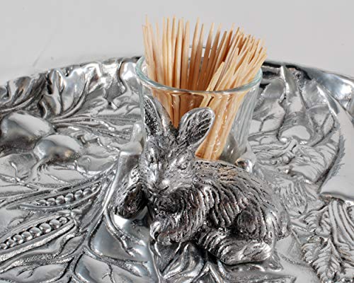 Arthur Court Aluminum Metal Rabbit Bunny Pattern Tidbit Cheese Hors d'oeuvres Tray with Glass for Toothpick - Durable Metal Silver Easter Entertaining 10.5 inch Diameter x 2.5 inch Tall