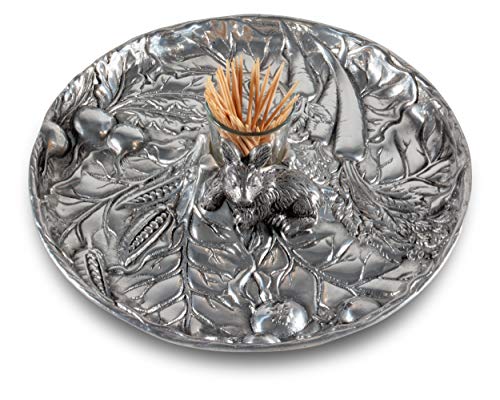 Arthur Court Aluminum Metal Rabbit Bunny Pattern Tidbit Cheese Hors d'oeuvres Tray with Glass for Toothpick - Durable Metal Silver Easter Entertaining 10.5 inch Diameter x 2.5 inch Tall