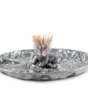 Arthur Court Aluminum Metal Rabbit Bunny Pattern Tidbit Cheese Hors d'oeuvres Tray with Glass for Toothpick - Durable Metal Silver Easter Entertaining 10.5 inch Diameter x 2.5 inch Tall