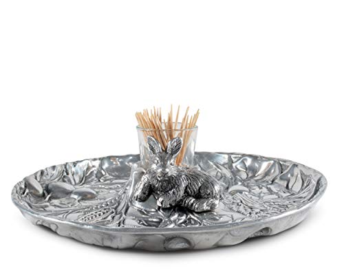 Arthur Court Aluminum Metal Rabbit Bunny Pattern Tidbit Cheese Hors d'oeuvres Tray with Glass for Toothpick - Durable Metal Silver Easter Entertaining 10.5 inch Diameter x 2.5 inch Tall