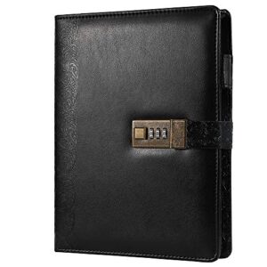 cagie personal journal for men with lock, vintage leather journal refillable 6 ring binder notebook, 7 x 9 inch large lock diary for men women, black