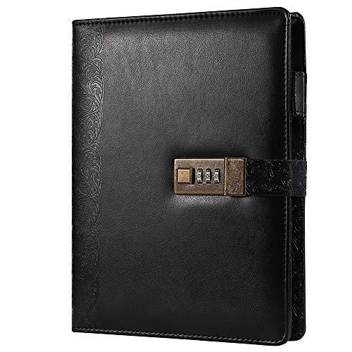 CAGIE Personal Journal for Men with Lock, Vintage Leather Journal Refillable 6 Ring Binder Notebook, 7 x 9 Inch Large Lock Diary for Men Women, Black