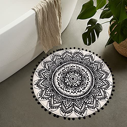 LIVEBOX Boho Bathroom Rug 2ft Machine Washable Black and Cream Small Mandala Round Area Rug with Chic Pom Pom Fringe Non-Slip Ultra Soft Throw Sofa Mat for Bedroom Playroom Kids Room