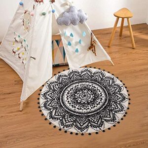 LIVEBOX Boho Bathroom Rug 2ft Machine Washable Black and Cream Small Mandala Round Area Rug with Chic Pom Pom Fringe Non-Slip Ultra Soft Throw Sofa Mat for Bedroom Playroom Kids Room