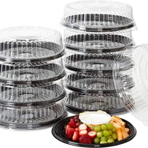 heavy duty, recyclable 12 in. serving tray and lid 10pk. large, black plastic party platters with clear lids. elegant round banquet or catering trays for serving appetizers, sandwich and veggie plates