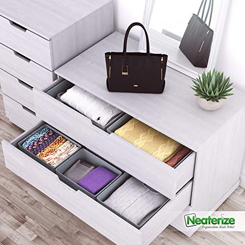 NEATERIZE Drawer Organizer - [Set Of 6] - Closet Organizer and Storage Baskets| Foldable Cloth Drawers Divider | Fabric Bin For Dresser & Shelves |Organize Underwear, Socks, Bra, & Tie’s (Grey)