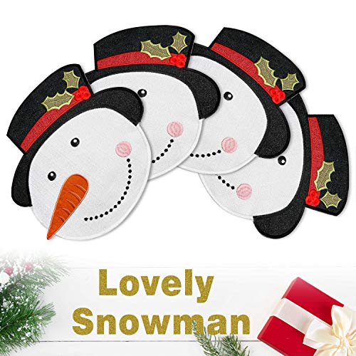 OWENIE Christmas Placemats Set of 4, Xmas White Snowman Round Place mats for Holiday Kitchen Dining Table, Burlap Embroidered Doilies with Red and Green for Kids, Xmas, Parties, Machine Washable