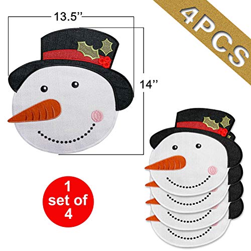 OWENIE Christmas Placemats Set of 4, Xmas White Snowman Round Place mats for Holiday Kitchen Dining Table, Burlap Embroidered Doilies with Red and Green for Kids, Xmas, Parties, Machine Washable