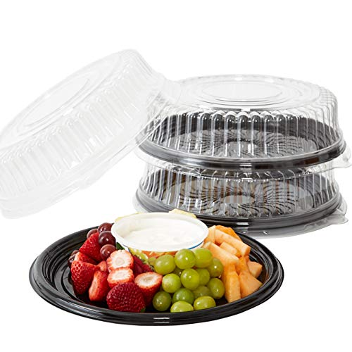 Avant Grub Heavy Duty, Recyclable 12 in. Serving Tray and Lid 3pk. Large, Black Plastic Party Platters with Clear Lids Dishware Plate, Elegant Round Banquet or Catering Trays for Serving