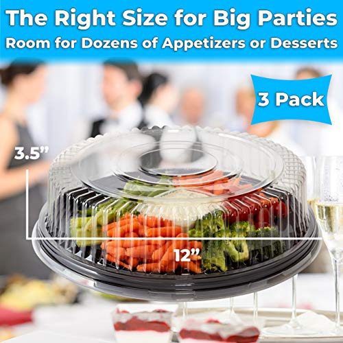 Avant Grub Heavy Duty, Recyclable 12 in. Serving Tray and Lid 3pk. Large, Black Plastic Party Platters with Clear Lids Dishware Plate, Elegant Round Banquet or Catering Trays for Serving