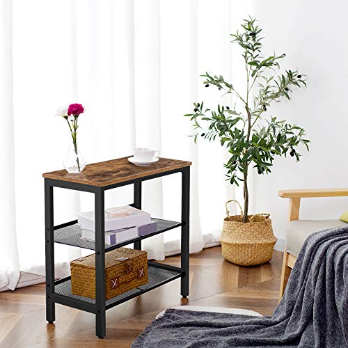 HOOBRO Side Table, 3-Tier Narrow End Table, Nightstand with 2 Flat or Slant Adjustable Shelves for Small Spaces, Hallway, Living Room, Bedroom, Sturdy, Easy Assembly, Rustic Brown and Black BF23BZ01