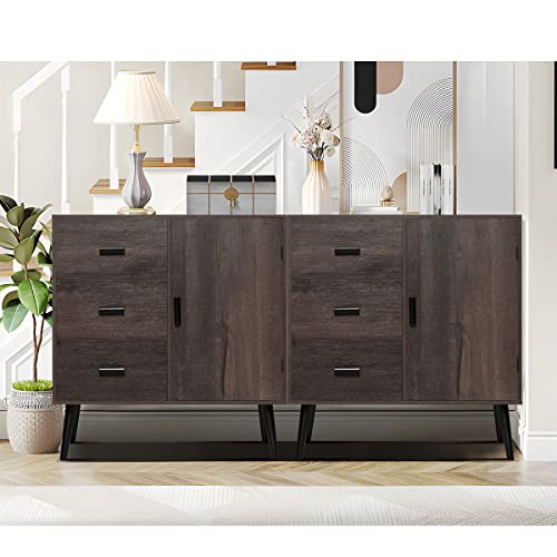 Iwell Storage Cabinet with 3 Drawers and Adjustable Shelf, Floor Storage Cabinet, Mid Century Cabinet for Living Room, Entryway, Office, Espresso
