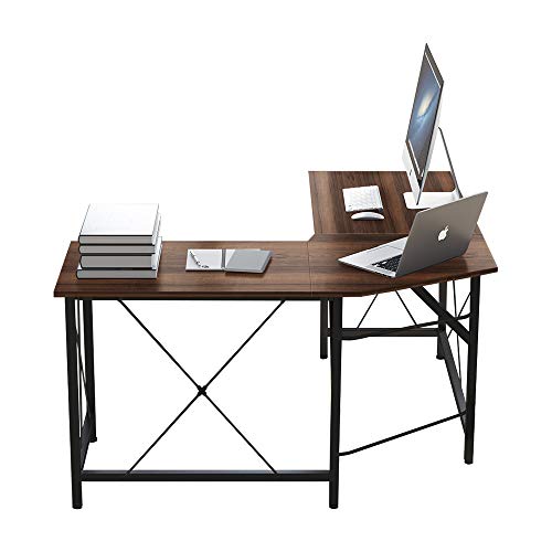 Coral Flower L-Shaped Desks for Home Office - Corner Computer Desk Writing Table Workstation - Sturdy Gaming Desk PC Laptop Dark Brown