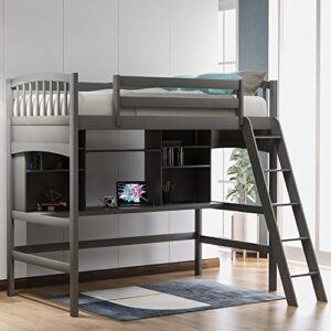 merax loft bed twin size, twin loft bed with desk, solid wood twin size loft bed frame with shelves, gray