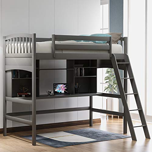 Merax Loft Bed Twin Size, Twin Loft Bed with Desk, Solid Wood Twin Size Loft Bed Frame with Shelves, Gray