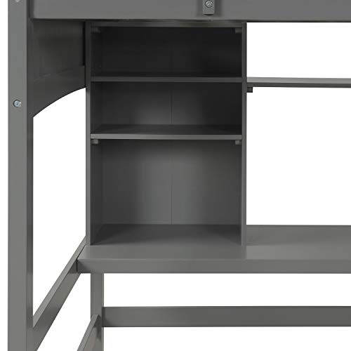 Merax Loft Bed Twin Size, Twin Loft Bed with Desk, Solid Wood Twin Size Loft Bed Frame with Shelves, Gray