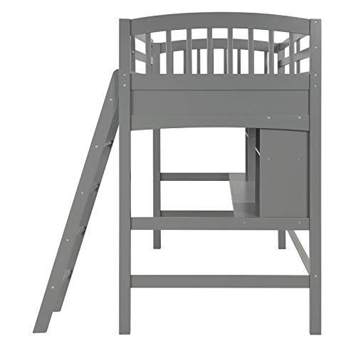 Merax Loft Bed Twin Size, Twin Loft Bed with Desk, Solid Wood Twin Size Loft Bed Frame with Shelves, Gray