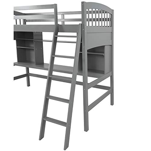 Merax Loft Bed Twin Size, Twin Loft Bed with Desk, Solid Wood Twin Size Loft Bed Frame with Shelves, Gray