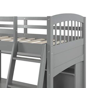 Merax Loft Bed Twin Size, Twin Loft Bed with Desk, Solid Wood Twin Size Loft Bed Frame with Shelves, Gray