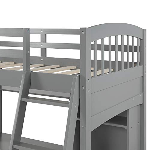 Merax Loft Bed Twin Size, Twin Loft Bed with Desk, Solid Wood Twin Size Loft Bed Frame with Shelves, Gray