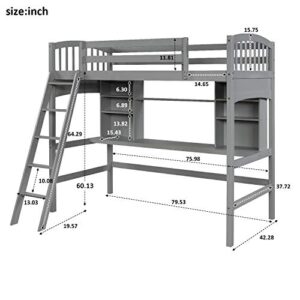 Merax Loft Bed Twin Size, Twin Loft Bed with Desk, Solid Wood Twin Size Loft Bed Frame with Shelves, Gray