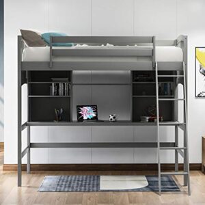 Merax Loft Bed Twin Size, Twin Loft Bed with Desk, Solid Wood Twin Size Loft Bed Frame with Shelves, Gray