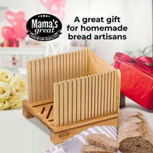 Mama's Great Bamboo Bread Slicer for Homemade Bread - Adjustable Slice Width Bread Slicing Guides with Sturdy Wooden Cutting Board - Compact & Foldable