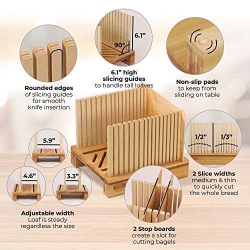 Mama's Great Bamboo Bread Slicer for Homemade Bread - Adjustable Slice Width Bread Slicing Guides with Sturdy Wooden Cutting Board - Compact & Foldable