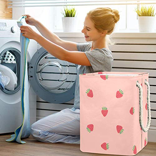 Inhomer Laundry Hamper Strawberry Spring On Pink Collapsible Laundry Baskets Firm Washing Bin Clothes Storage Organization for Bathroom Bedroom Dorm