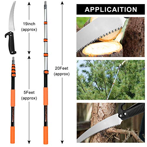 Buyplus Manual Pruning Pole Saw - 20 Foot Hand Pruning Saw for Tree Trimming, High Reach Tree Pruner with Extension Pole