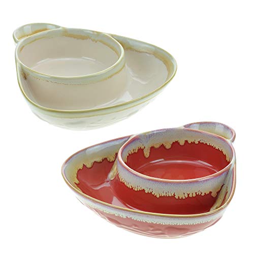 Stoneware Soup & Side, Chips & Dip Bowl Set of 2 by Roe & Moe (Cream and Red)