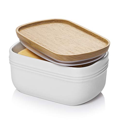 DOWAN Ceramic Butter Dish, Extra Large Butter Keeper for Countertop or Fridge, Airtight Butter Container with Wooden Lid, Farmhouse Kitchen Decor and Accessories, Freezer Safe, White