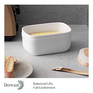 DOWAN Ceramic Butter Dish, Extra Large Butter Keeper for Countertop or Fridge, Airtight Butter Container with Wooden Lid, Farmhouse Kitchen Decor and Accessories, Freezer Safe, White