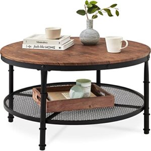best choice products 2-tier 35.5in round industrial coffee table, rustic steel accent table for living room, w/wooden tabletop, reinforced crossbars, padded feet, open shelf, raised bottom - brown