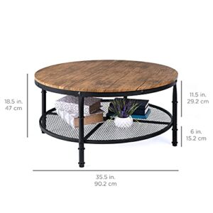 Best Choice Products 2-Tier 35.5in Round Industrial Coffee Table, Rustic Steel Accent Table for Living Room, w/Wooden Tabletop, Reinforced Crossbars, Padded Feet, Open Shelf, Raised Bottom - Brown