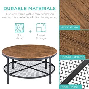 Best Choice Products 2-Tier 35.5in Round Industrial Coffee Table, Rustic Steel Accent Table for Living Room, w/Wooden Tabletop, Reinforced Crossbars, Padded Feet, Open Shelf, Raised Bottom - Brown