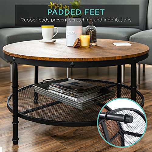 Best Choice Products 2-Tier 35.5in Round Industrial Coffee Table, Rustic Steel Accent Table for Living Room, w/Wooden Tabletop, Reinforced Crossbars, Padded Feet, Open Shelf, Raised Bottom - Brown