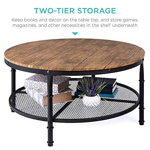 Best Choice Products 2-Tier 35.5in Round Industrial Coffee Table, Rustic Steel Accent Table for Living Room, w/Wooden Tabletop, Reinforced Crossbars, Padded Feet, Open Shelf, Raised Bottom - Brown