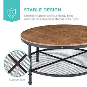 Best Choice Products 2-Tier 35.5in Round Industrial Coffee Table, Rustic Steel Accent Table for Living Room, w/Wooden Tabletop, Reinforced Crossbars, Padded Feet, Open Shelf, Raised Bottom - Brown