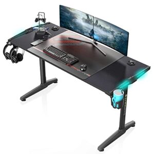 eureka ergonomic 55 inch rgb led gaming desk with lights up, pc computer studio gamer table i shaped home office workstation, w free mouse pad,usb ports controller stand cup headset holder black