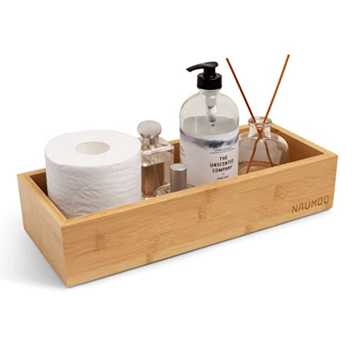 NAUMOO Natural Bamboo Bathroom Tray - Slip-Resistant Wooden Basket for Toilet Tank Top and Counter - Home Decor Wood Box for Toilet Paper Storage - Towel Holder for Guest