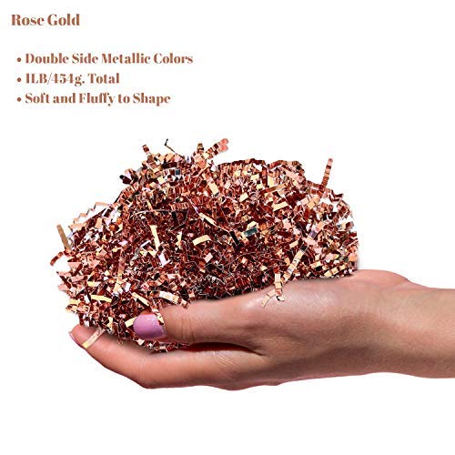 UNIQOOO 1 LB Metallic Rose Gold Crinkle Cut Paper, Pink Grass Shredded Paper Filler Strands Shred Raffia Tissue Craft Bedding Cushion, Wedding Birthday Bridesmaid Engagement Gift Box Bag Retail