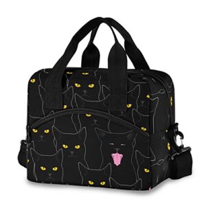 sinestour insulated lunch bag reusable cooler - cute black cats lunch box adjustable shoulder strap for school office picnic adults men women