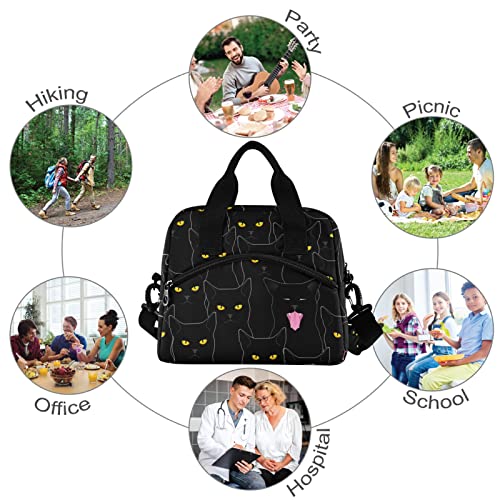 Sinestour Insulated Lunch Bag Reusable Cooler - Cute Black Cats Lunch Box Adjustable Shoulder Strap for School Office Picnic Adults Men Women