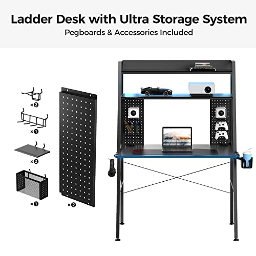EUREKA ERGONOMIC LED Gaming Desk with Shelves, Dual Pegboards, 43'' Computer PC Desk with Hutch Storage, Gaming Table Ladder Desk with Mouse Pad, Cup & Headphone Holder, Teens Study, Small Space