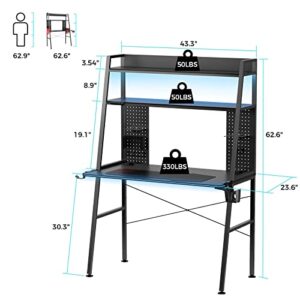 EUREKA ERGONOMIC LED Gaming Desk with Shelves, Dual Pegboards, 43'' Computer PC Desk with Hutch Storage, Gaming Table Ladder Desk with Mouse Pad, Cup & Headphone Holder, Teens Study, Small Space