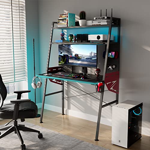 EUREKA ERGONOMIC LED Gaming Desk with Shelves, Dual Pegboards, 43'' Computer PC Desk with Hutch Storage, Gaming Table Ladder Desk with Mouse Pad, Cup & Headphone Holder, Teens Study, Small Space